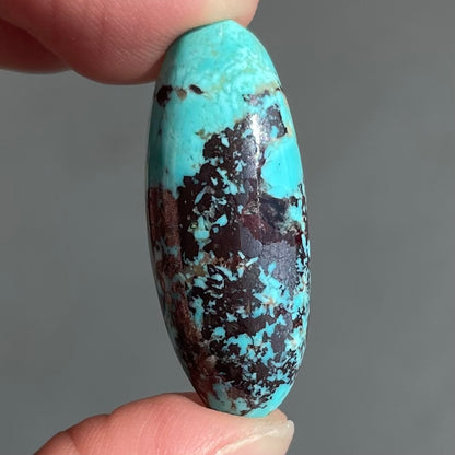 A loose, oval cabochon cut blue and red matrix turquoise stone from Royston District, Nevada.