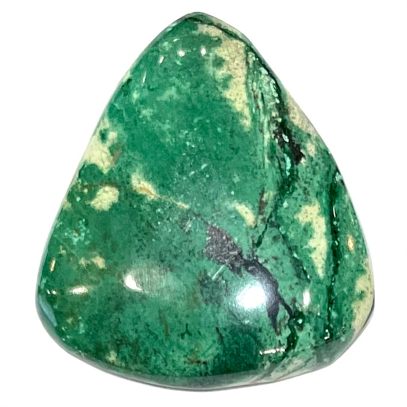 A loose, triangular cabochon cut variscite stone from Utah, USA.