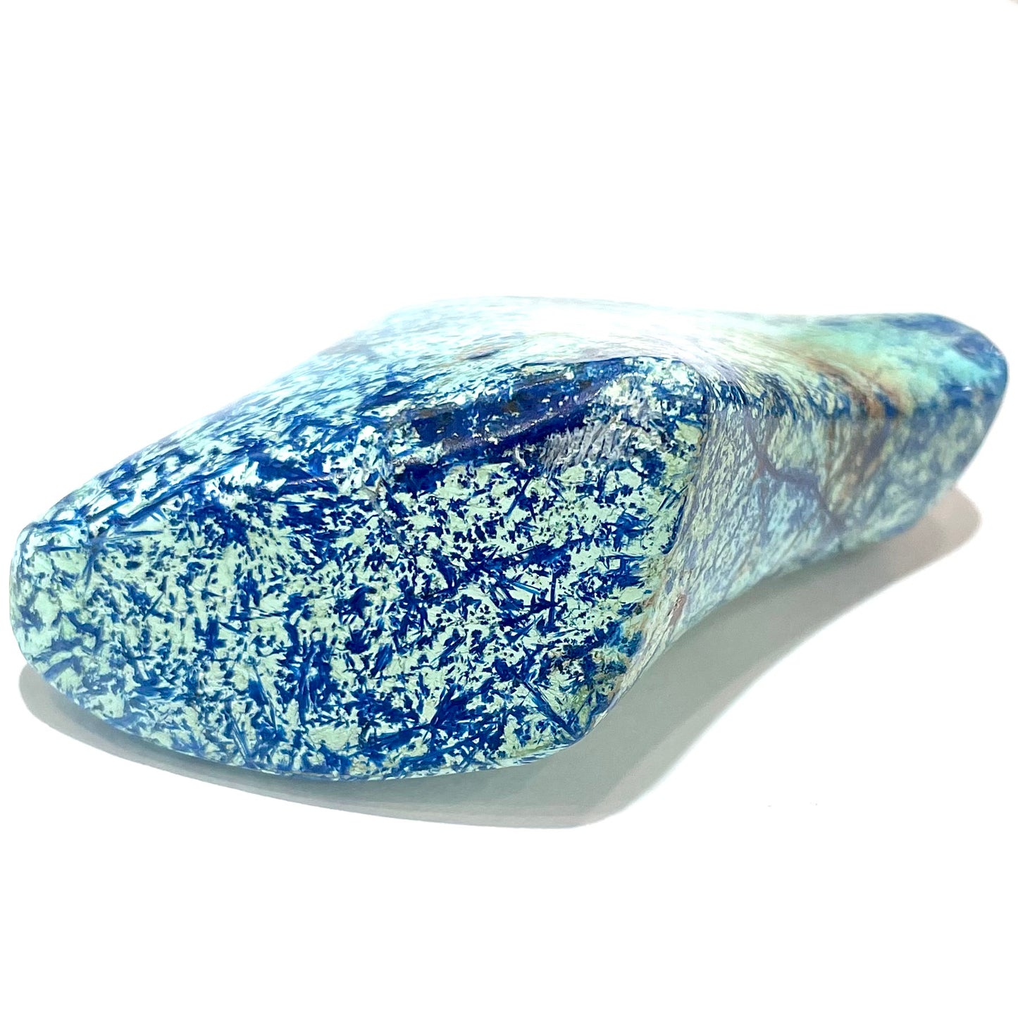 A freeform shape, polished azurite in turquoise stone.