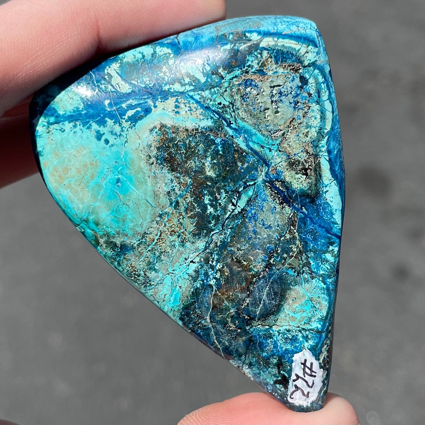 An large, polished, drop shape Morenci turquoise and azurite specimen.  Material is not stabilized.