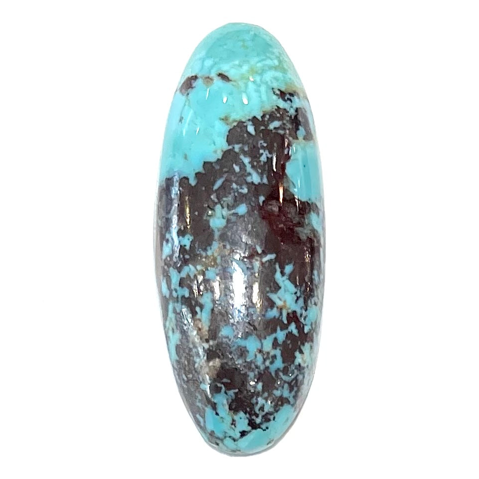 A loose, oval cabochon cut blue and red matrix turquoise stone from Royston District, Nevada.