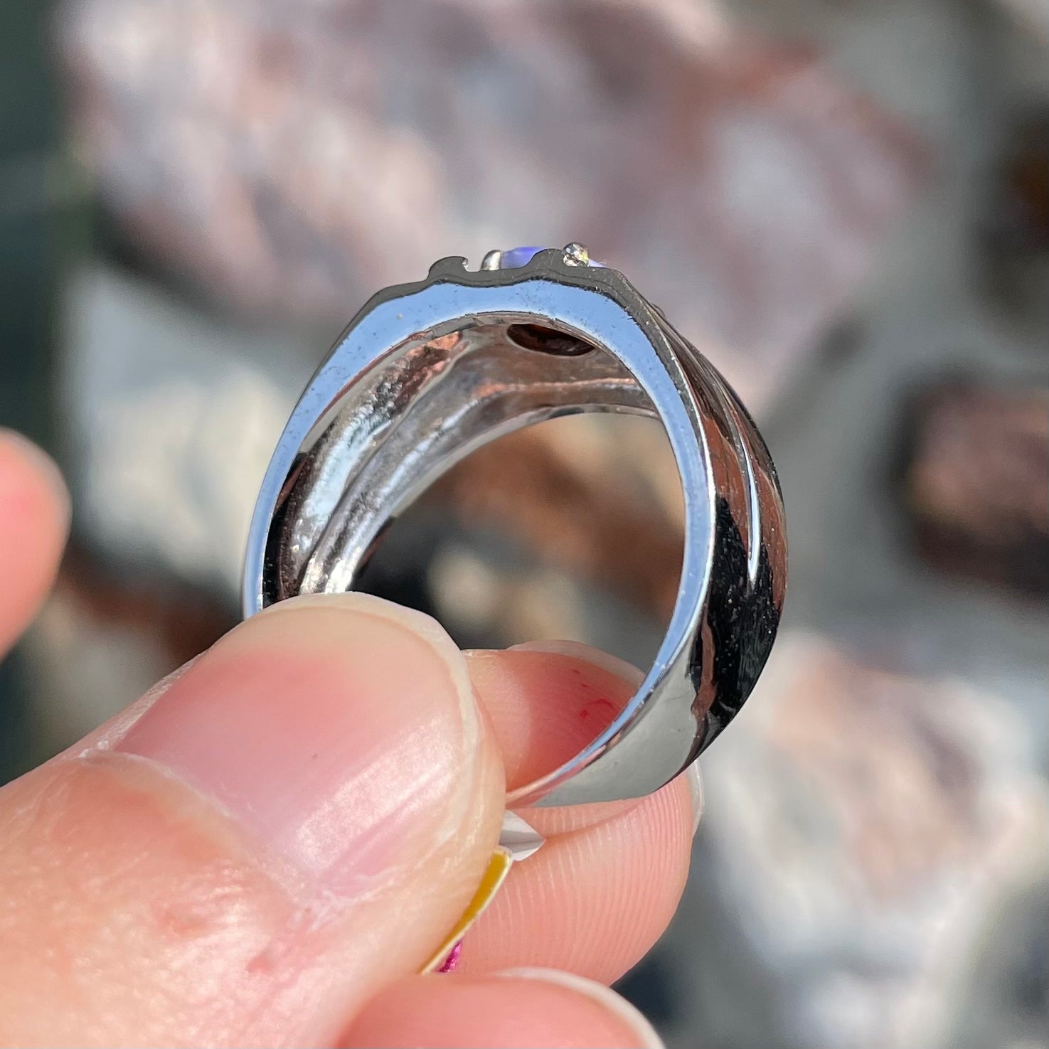 A round black crystal opal solitaire sterling silver men's ring.