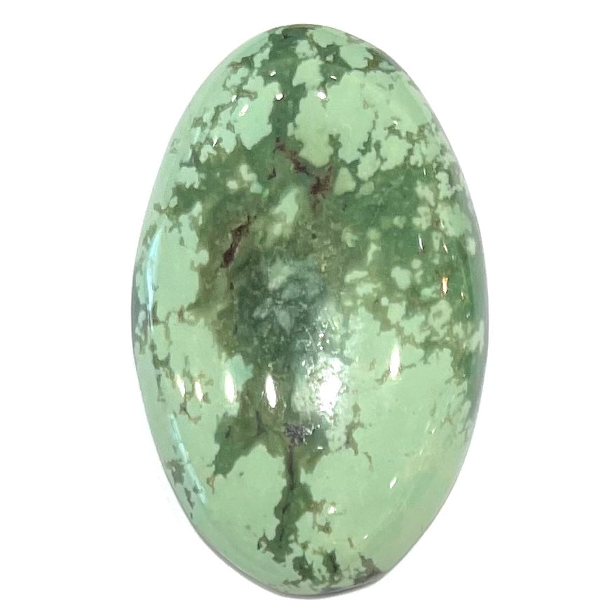 A loose, oval cabochon cut variscite stone from Utah, USA.