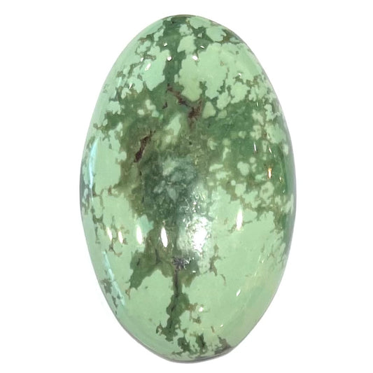 A loose, oval cabochon cut variscite stone from Utah, USA.