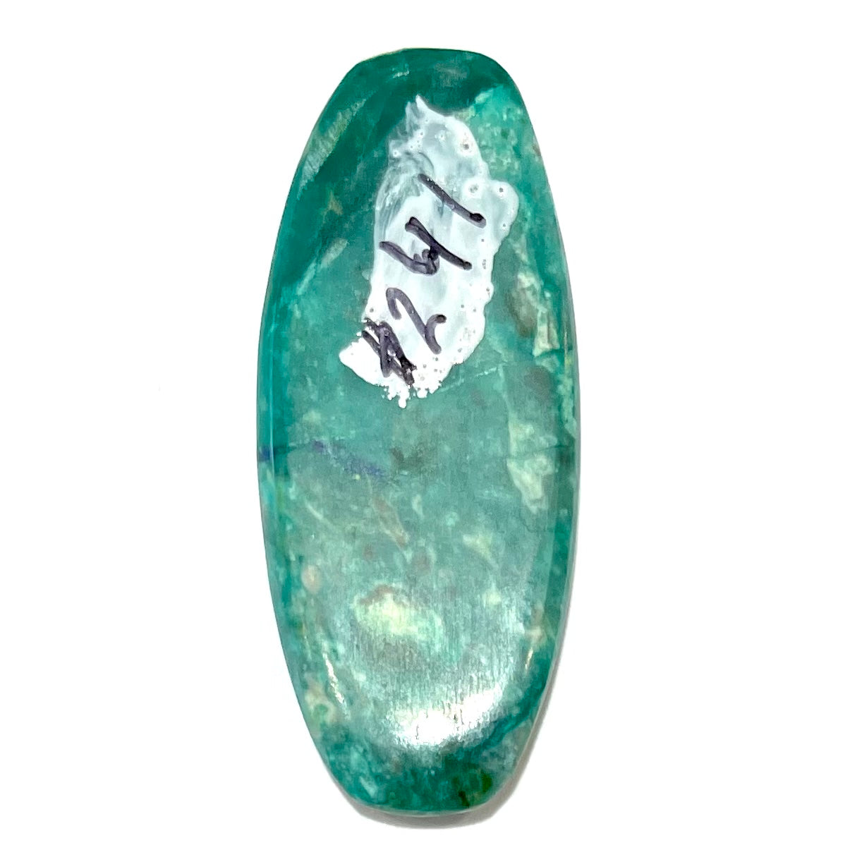 A loose, oval cabochon cut chrysocolla stone with blue azurite inclusions.