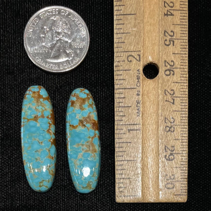 A pair of loose oval cabochon cut turquoise stones from Number 8 Mine, Nevada.