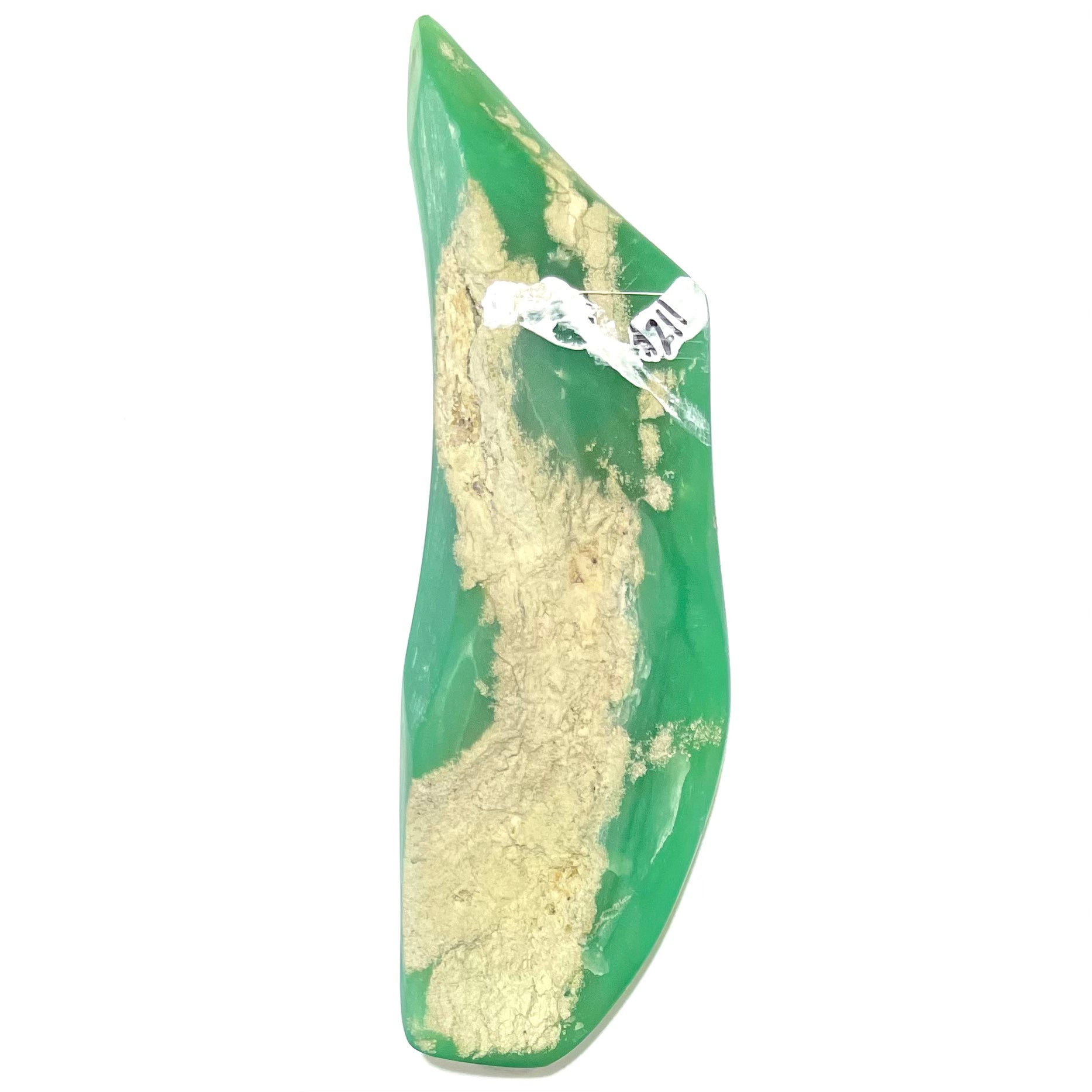 A polished, freeform shape chrysocolla specimen that measures 3.3 inches by 1 inch.
