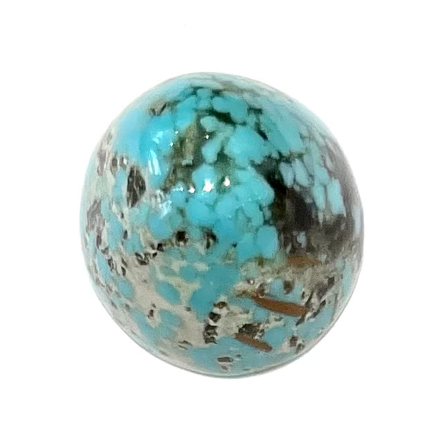 A loose, multicolored, round cabochon cut turquoise stone from Valley Blue Mine in Lander County, Nevada.