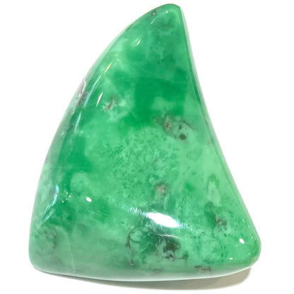 A loose, polished triangular cabochon cut variscite stone from Utah, USA.