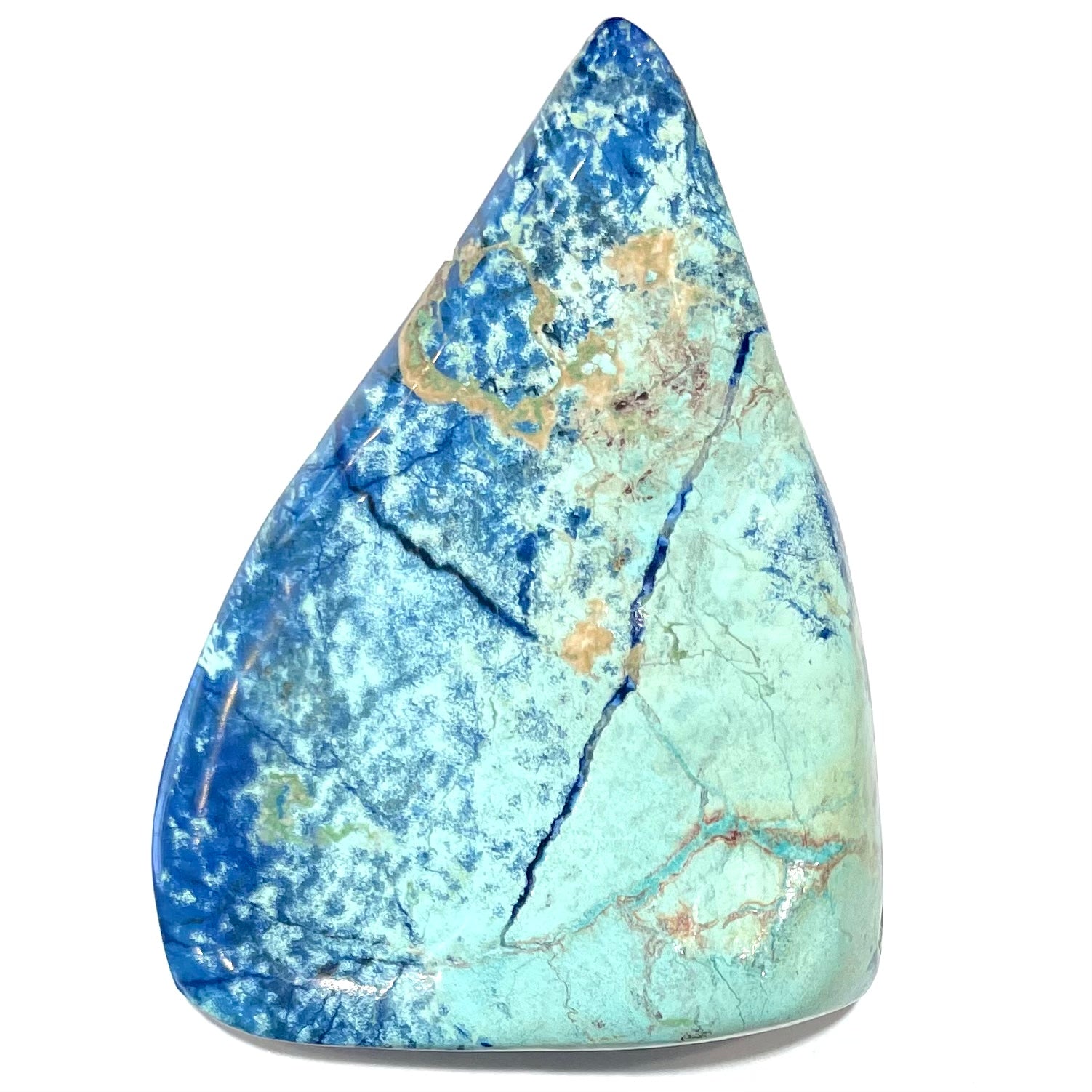 An large, polished, drop shape Morenci turquoise and azurite specimen.  Material is not stabilized.