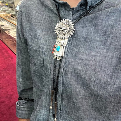 Navajo Sunface Kachina Bolo Tie | Sterling Silver | Vintage c.1960's