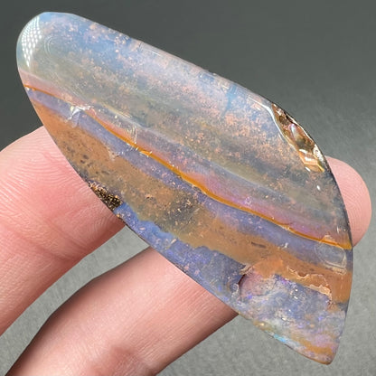 A polished boulder opal stone from Queensland, Australia.  There is an orange stripe of matrix running through the purple opal.
