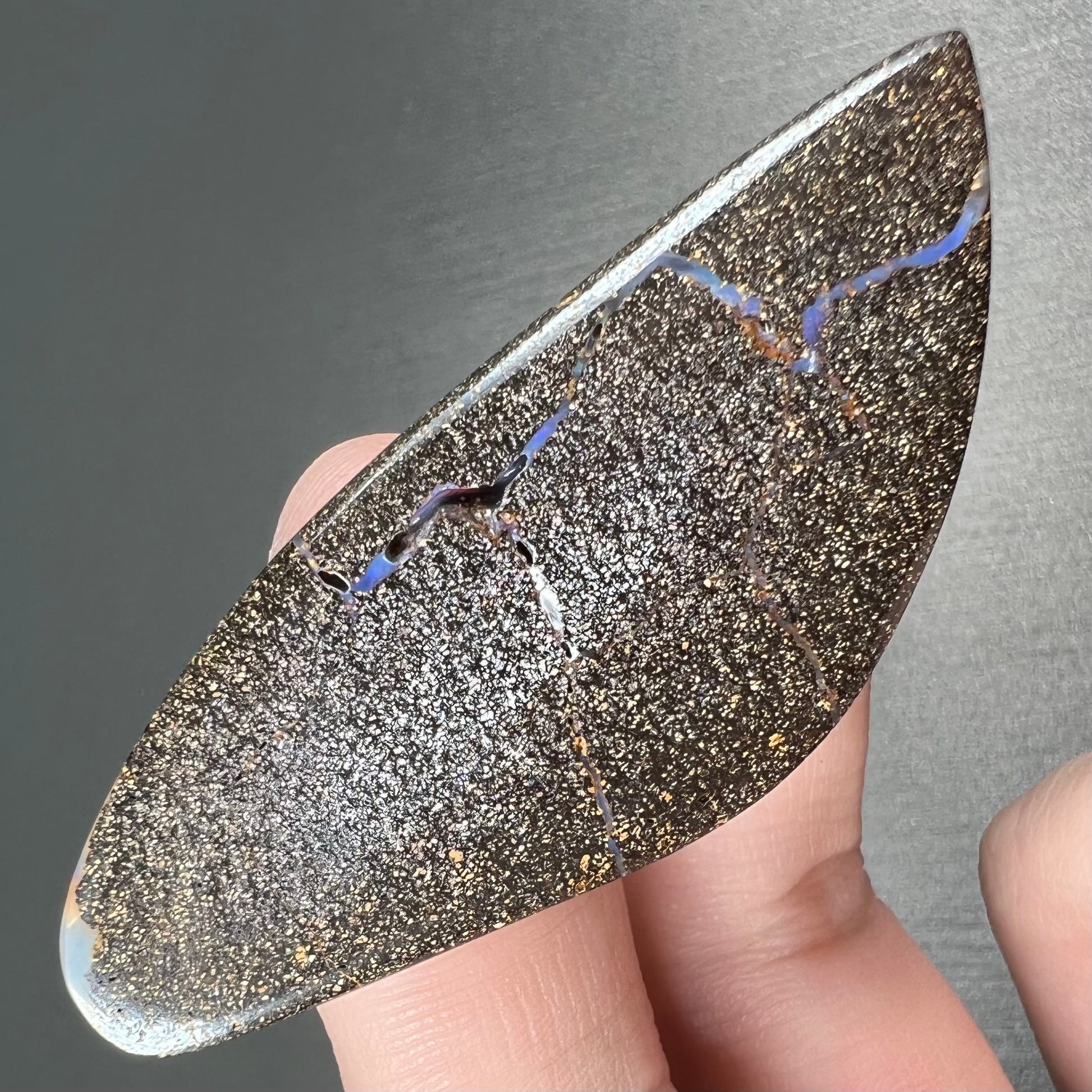 A polished boulder opal stone from Queensland, Australia.  There is an orange stripe of matrix running through the purple opal.