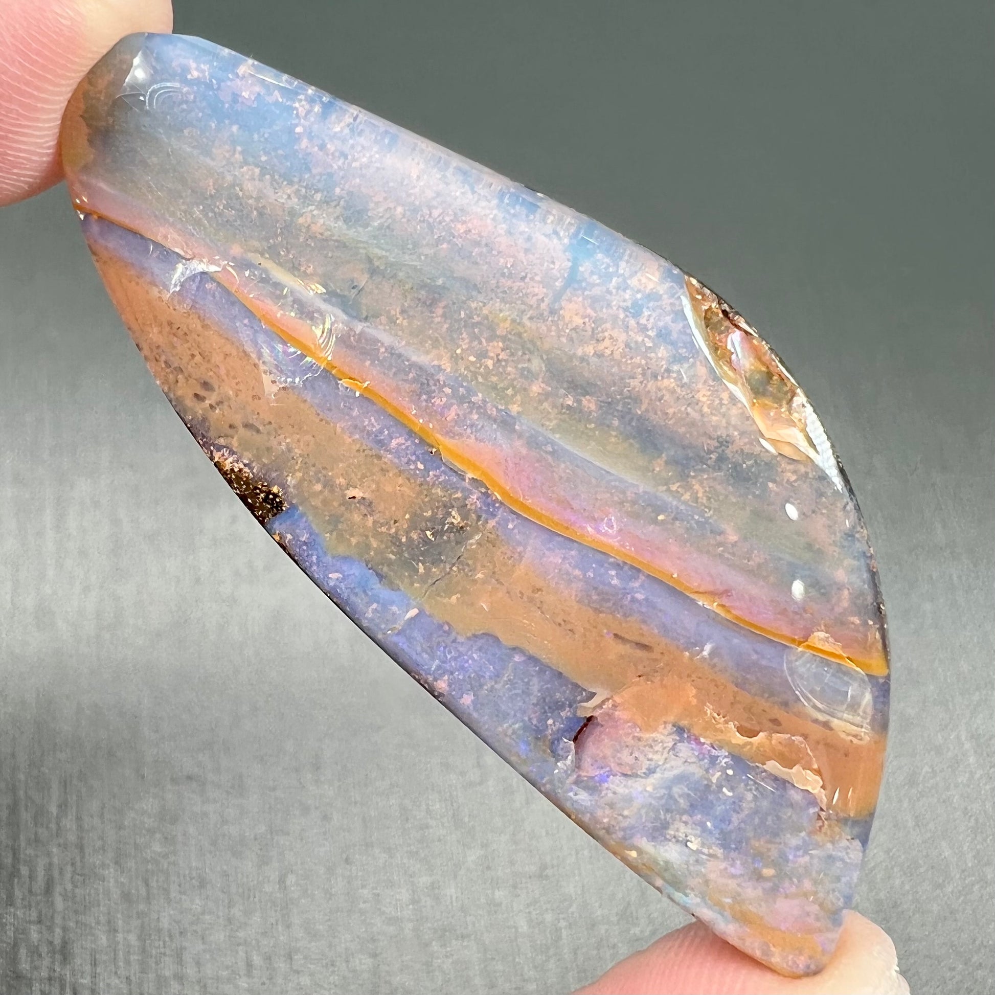 A polished boulder opal stone from Queensland, Australia.  There is an orange stripe of matrix running through the purple opal.