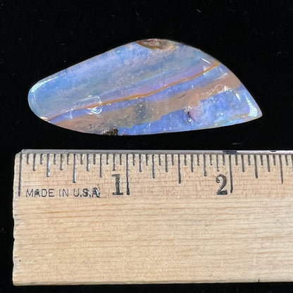 A polished boulder opal stone from Queensland, Australia.  There is an orange stripe of matrix running through the purple opal.