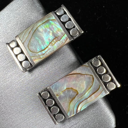 A pair of mother of pearl shell earrings set in sterling silver.