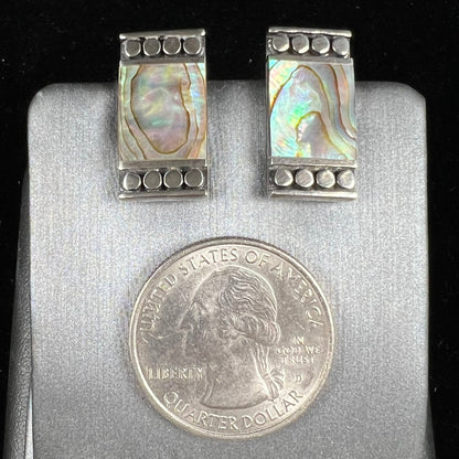 A pair of mother of pearl shell earrings set in sterling silver.