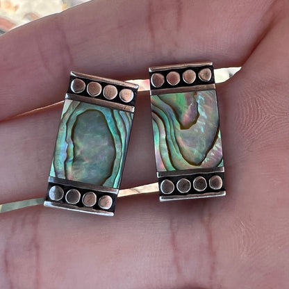 A pair of mother of pearl shell earrings set in sterling silver.