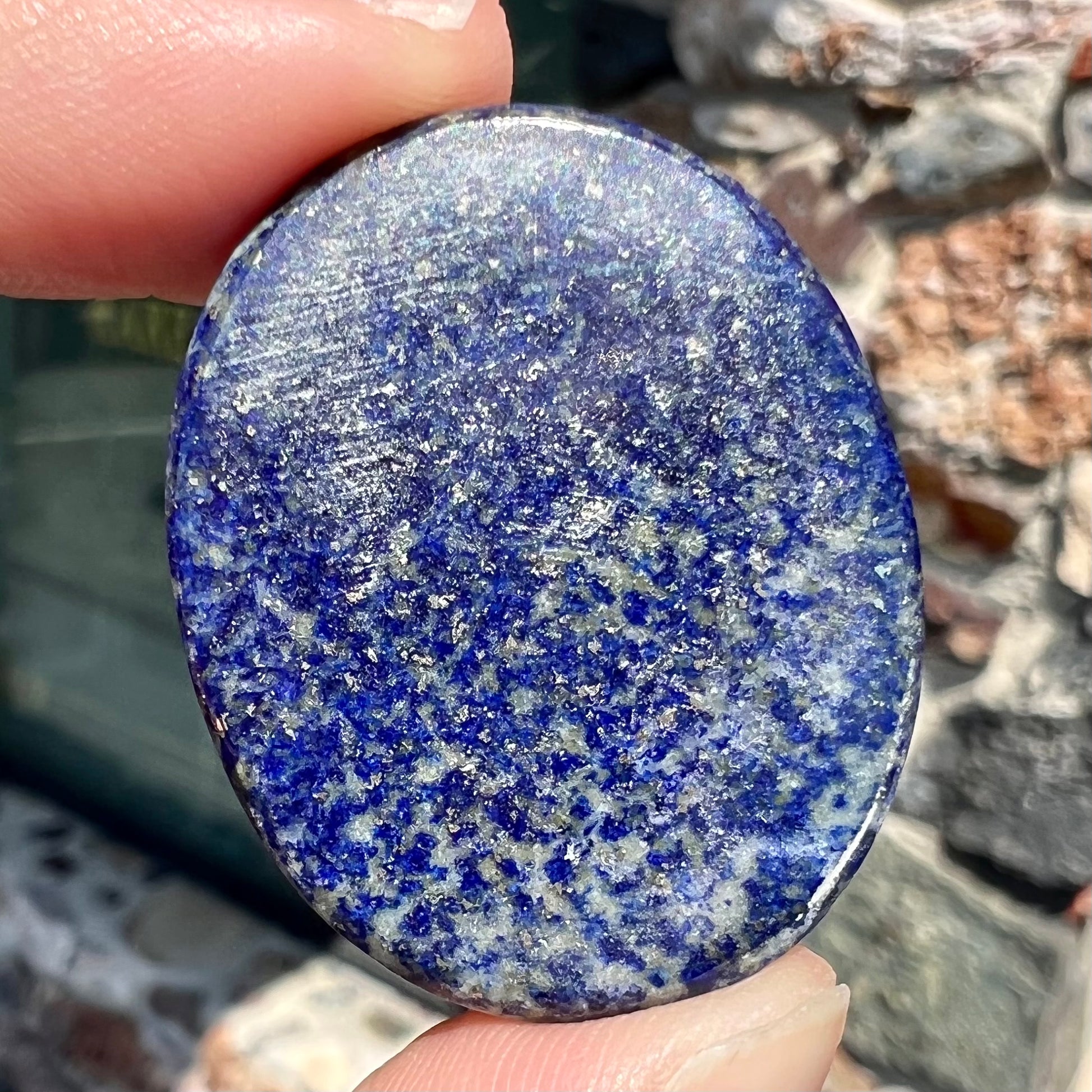 A loose, oval cabochon cut lapis lazuli stone.  A circle of pyrite inclusions is seen on the front.