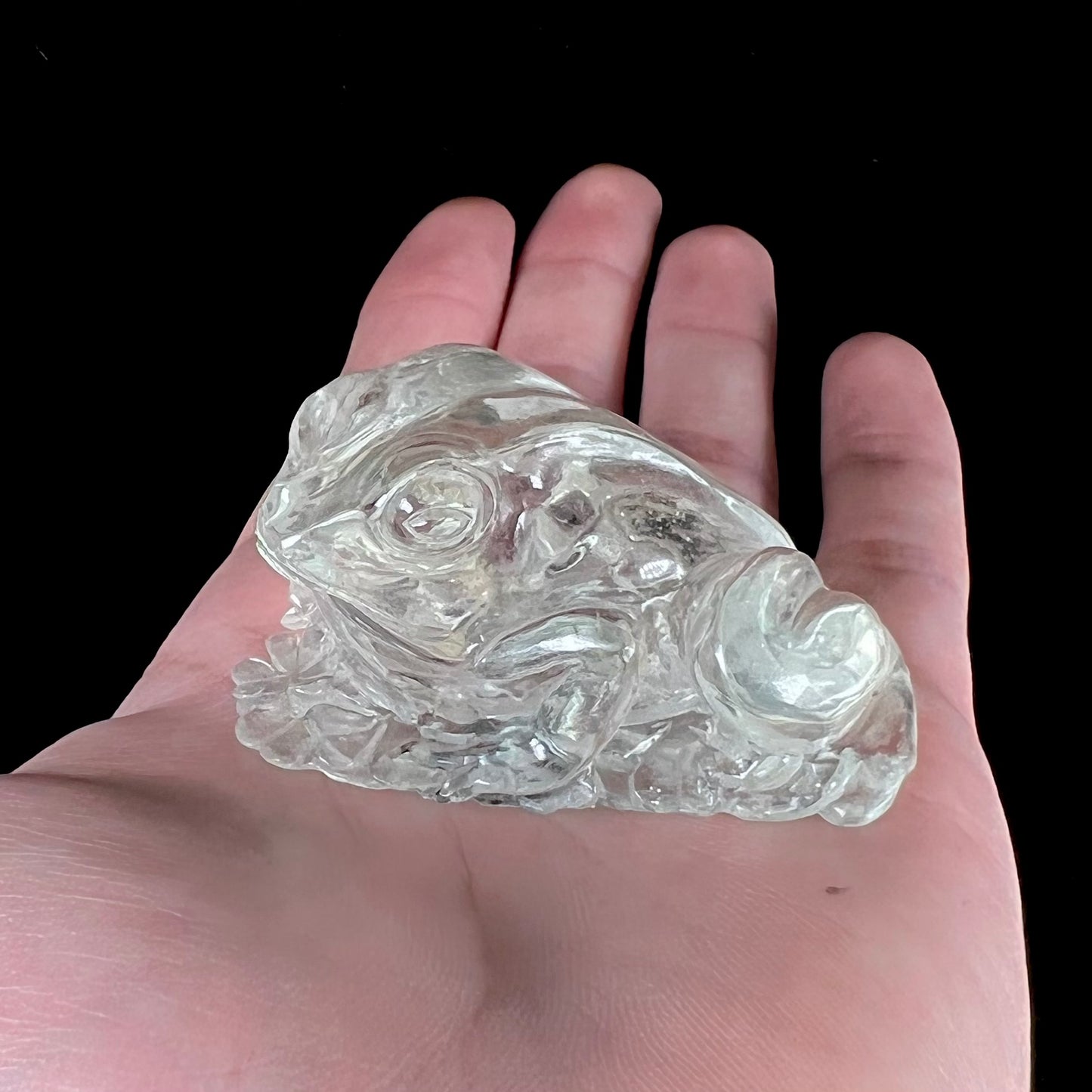 A crystal frog carved from topaz by artist Ronald Stevens.