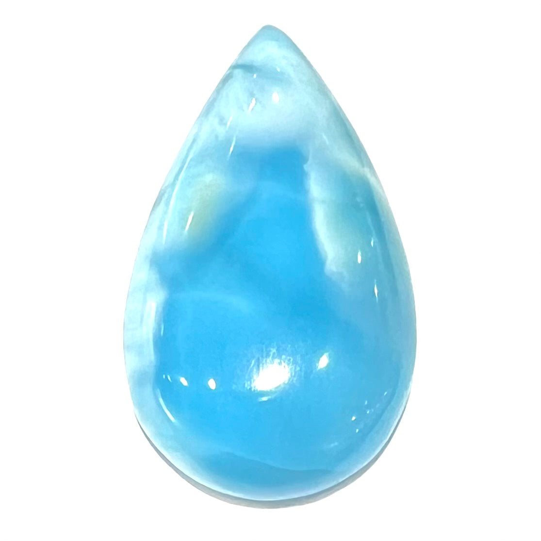 A loose, AAA+ grade, pear shaped cabochon cut blue larimar stone from Dominican Republic.