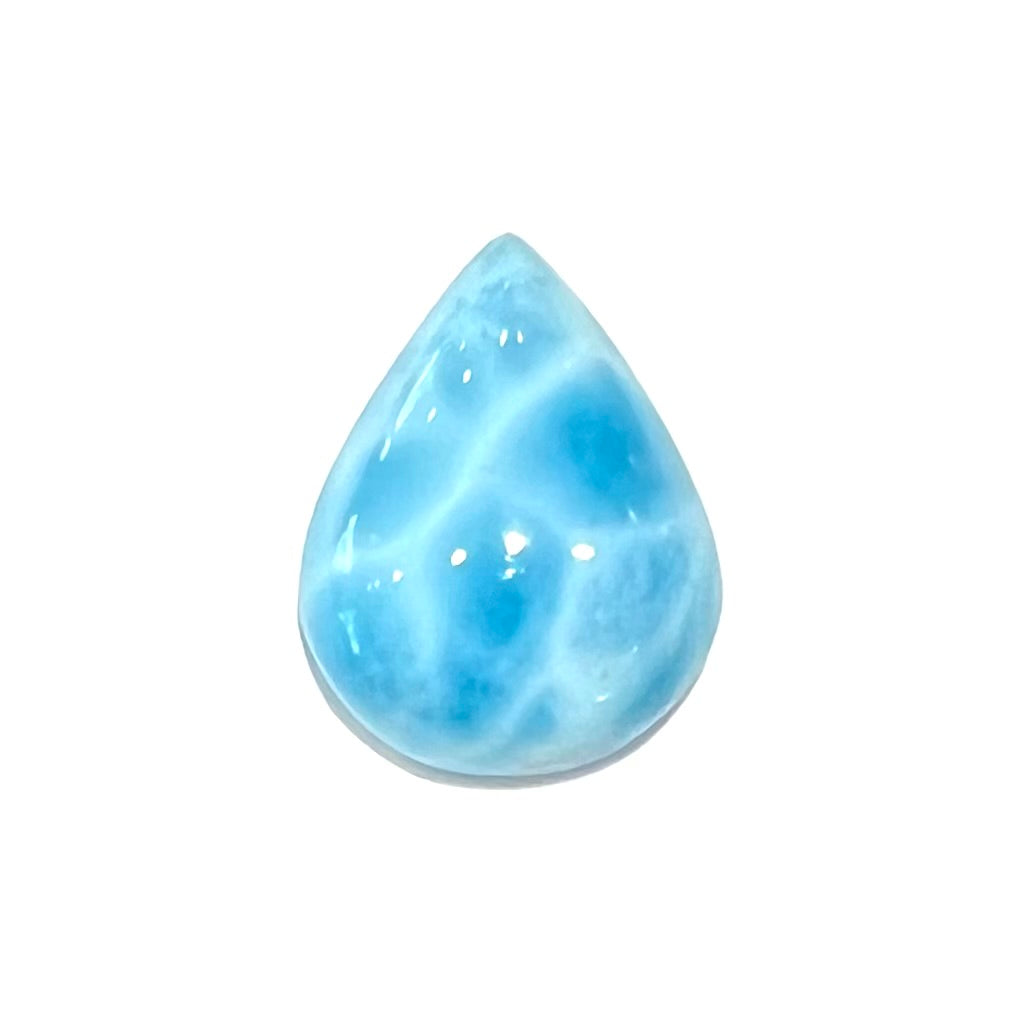 A cabochon cut, pear shaped, natural larimar stone from Dominican Republic.
