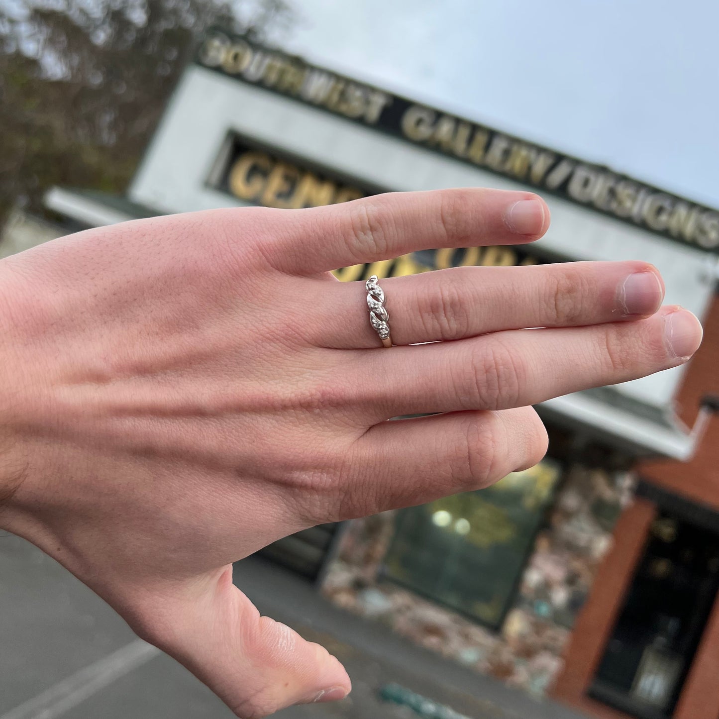 A vintage two tone diamond band set with single cut diamonds.