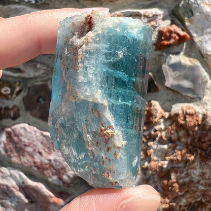 A six sided, natural blue aquamarine crystal from Vietnam.