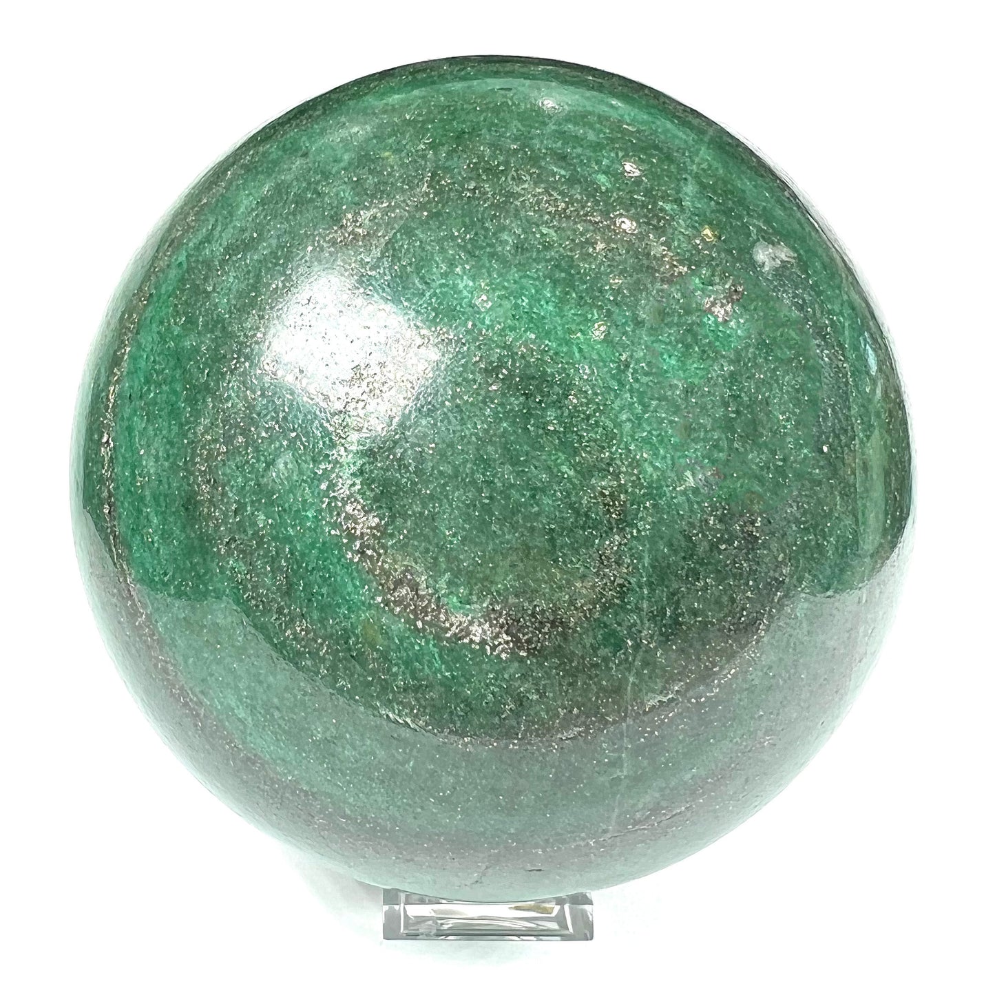 A stone sphere carved from natural green aventurine quartz with containing mica inclusions.