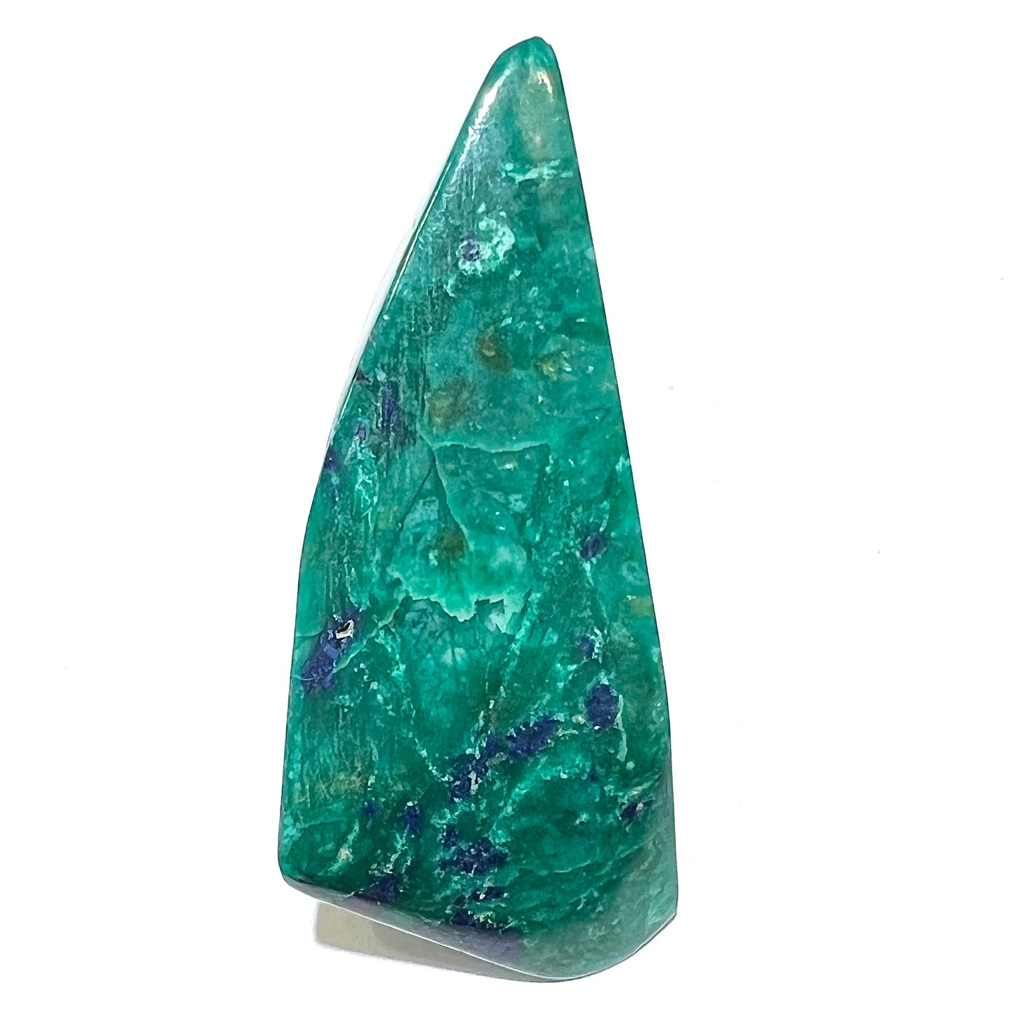 A loose polished sculpture of green chrysocolla with blue azurite inclusions.