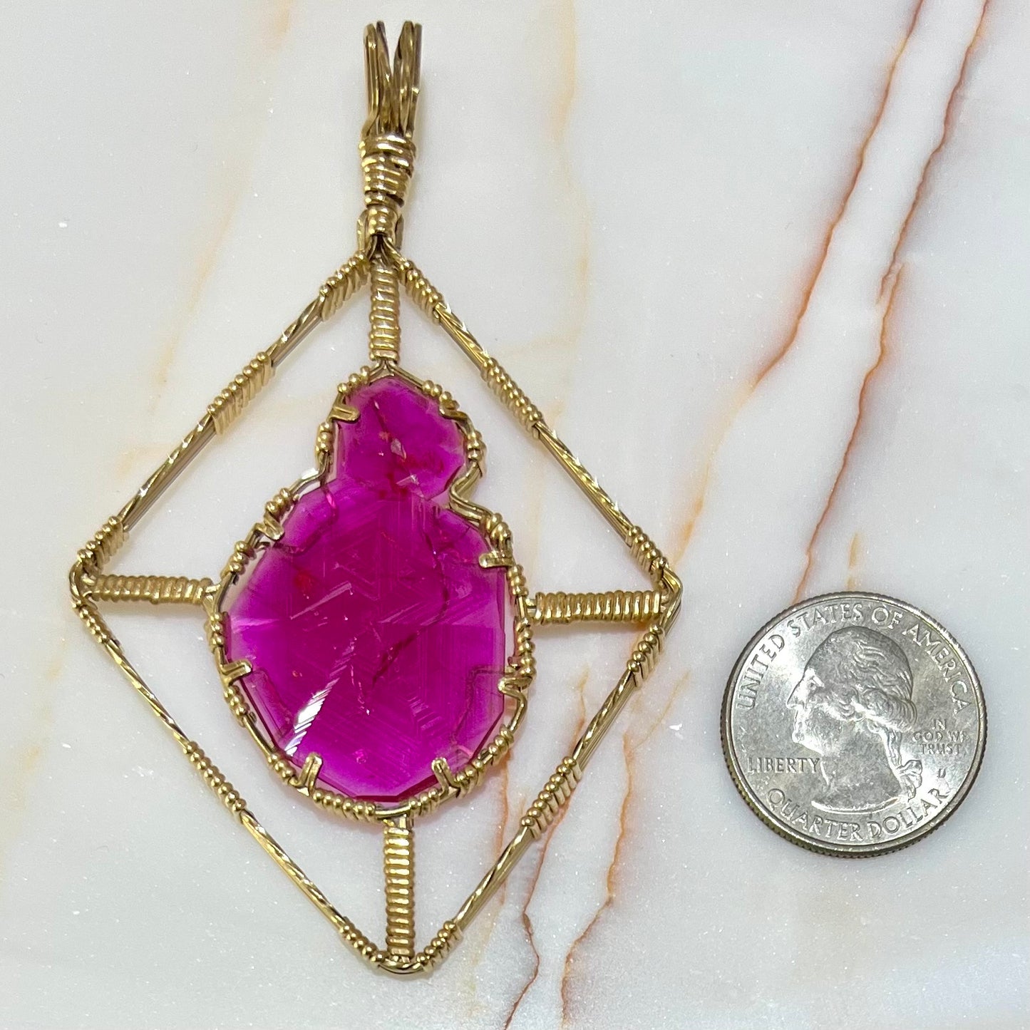 Synthetic Ruby Crystal Wire Wrap Pendant | Gold Filled