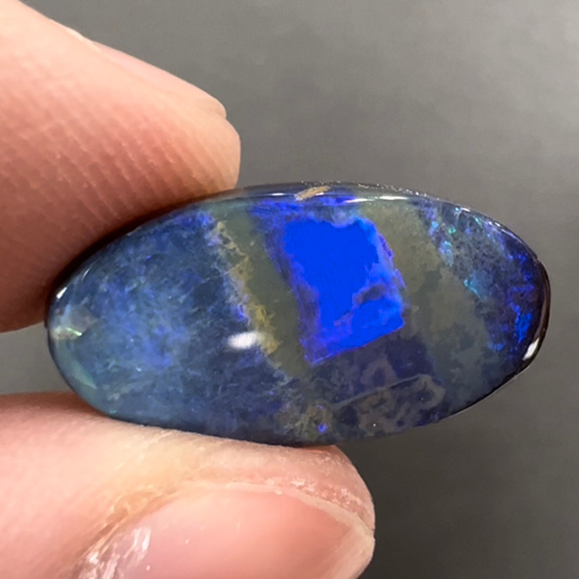 A loose, oval cabochon cut black boulder opal stone from Quilpie, Australia.