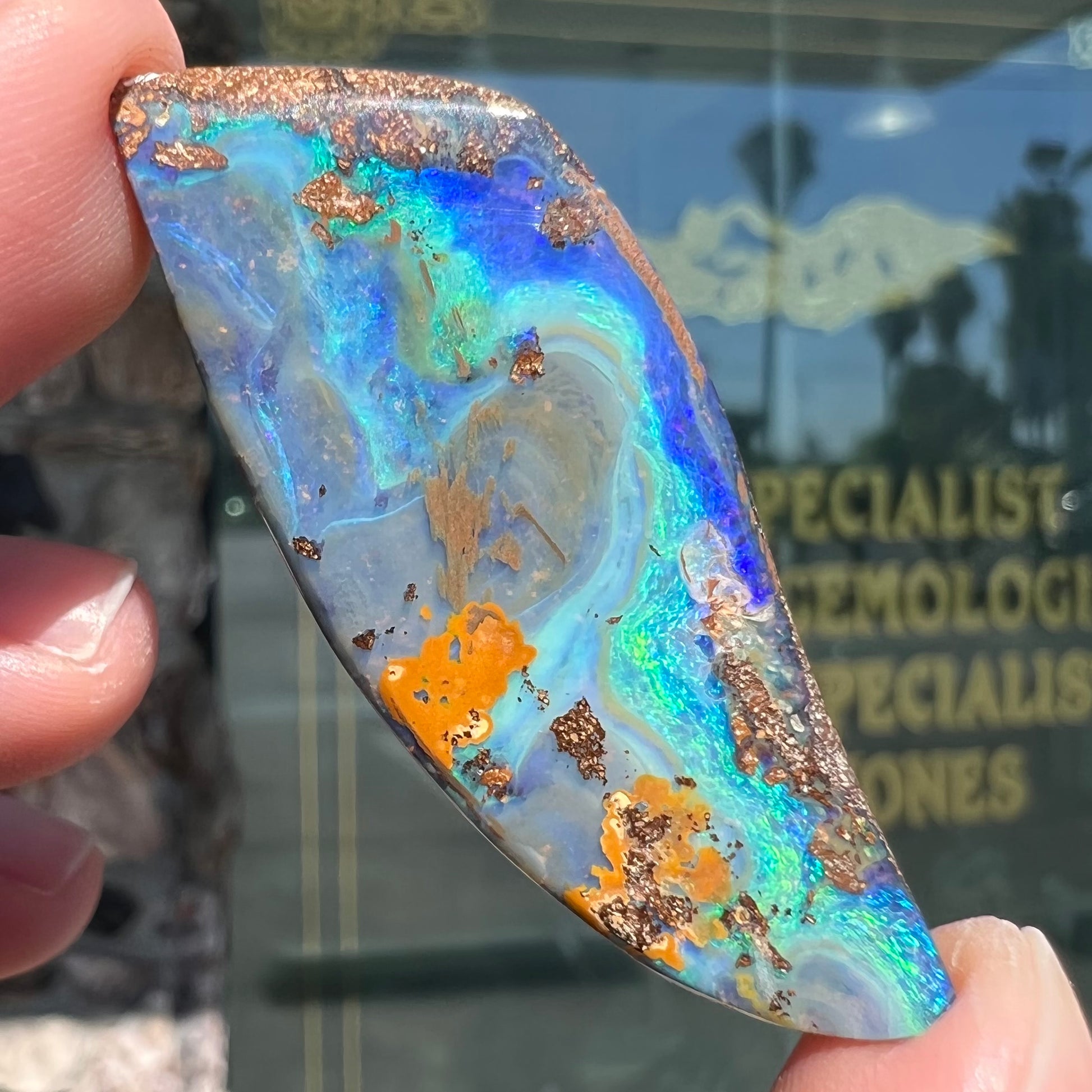 A freeform cut, loose black boulder opal stone from Queensland, Australia.