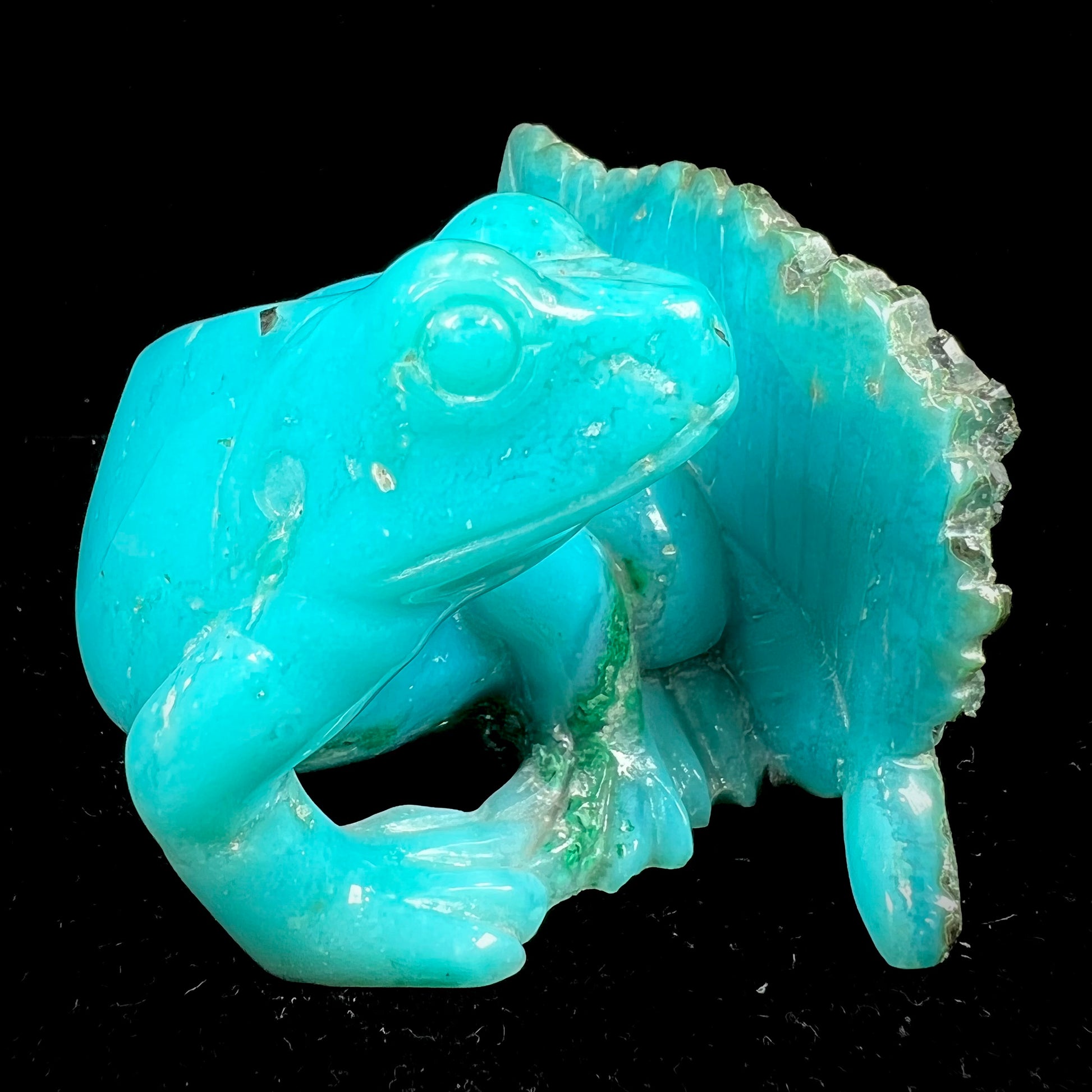 A stone frog peeking from behind a leaf carved from gem silica grade chrysocolla by artist, Ron Stevens.