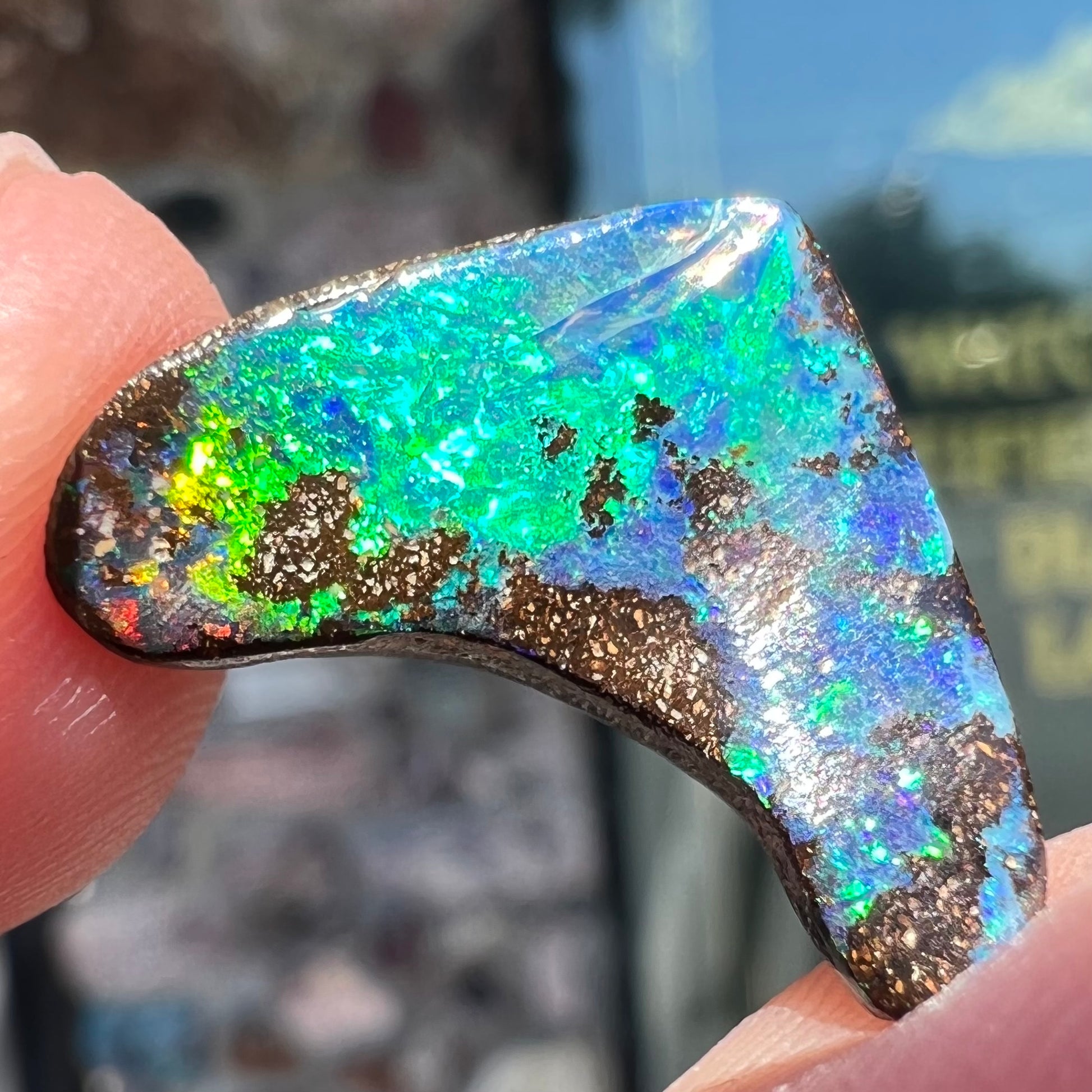 A loose, polished, boomerang shaped boulder opal stone from Queensland, Australia.