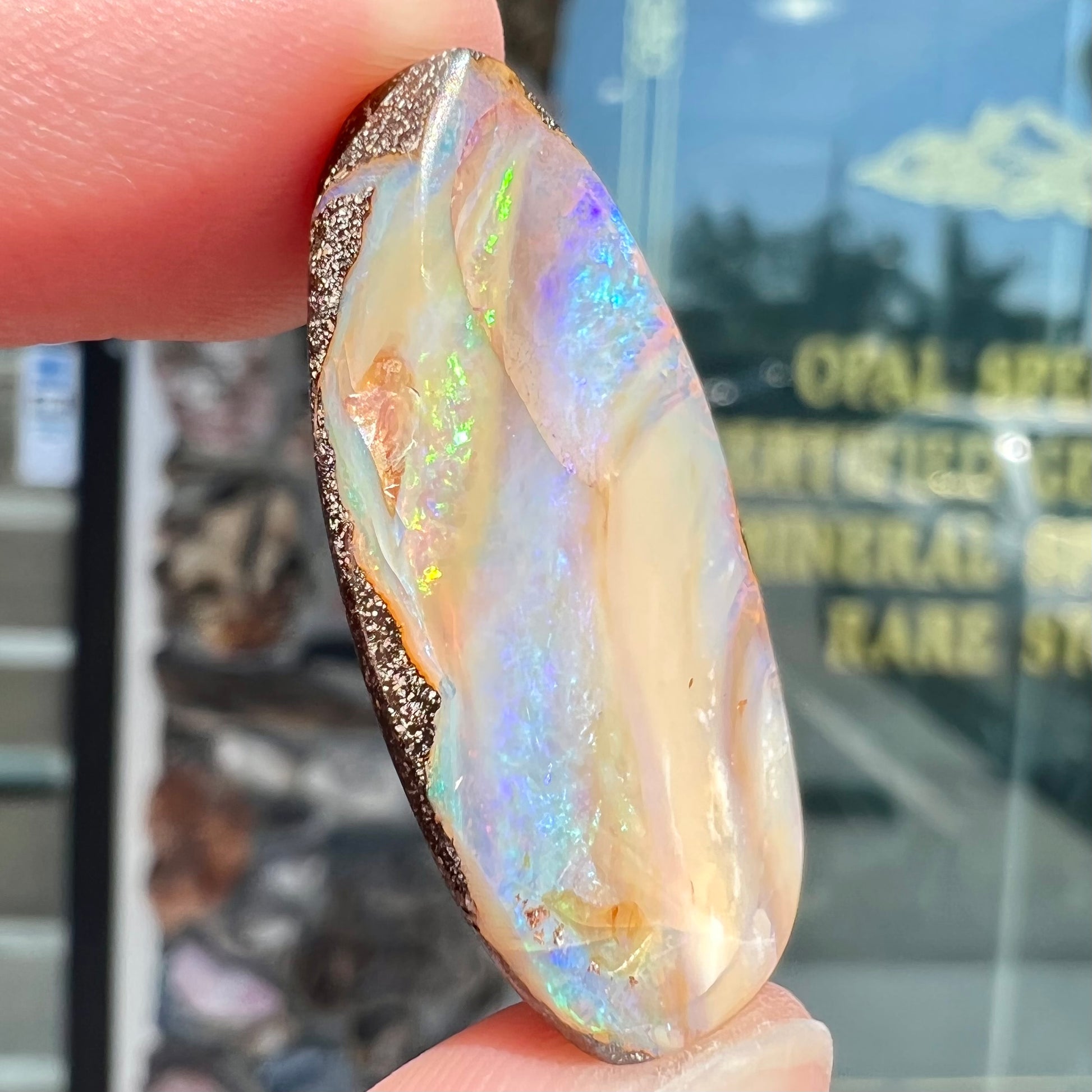 A loose, pear shaped cabochon cut boulder opal stone from Quilpie, Australia.