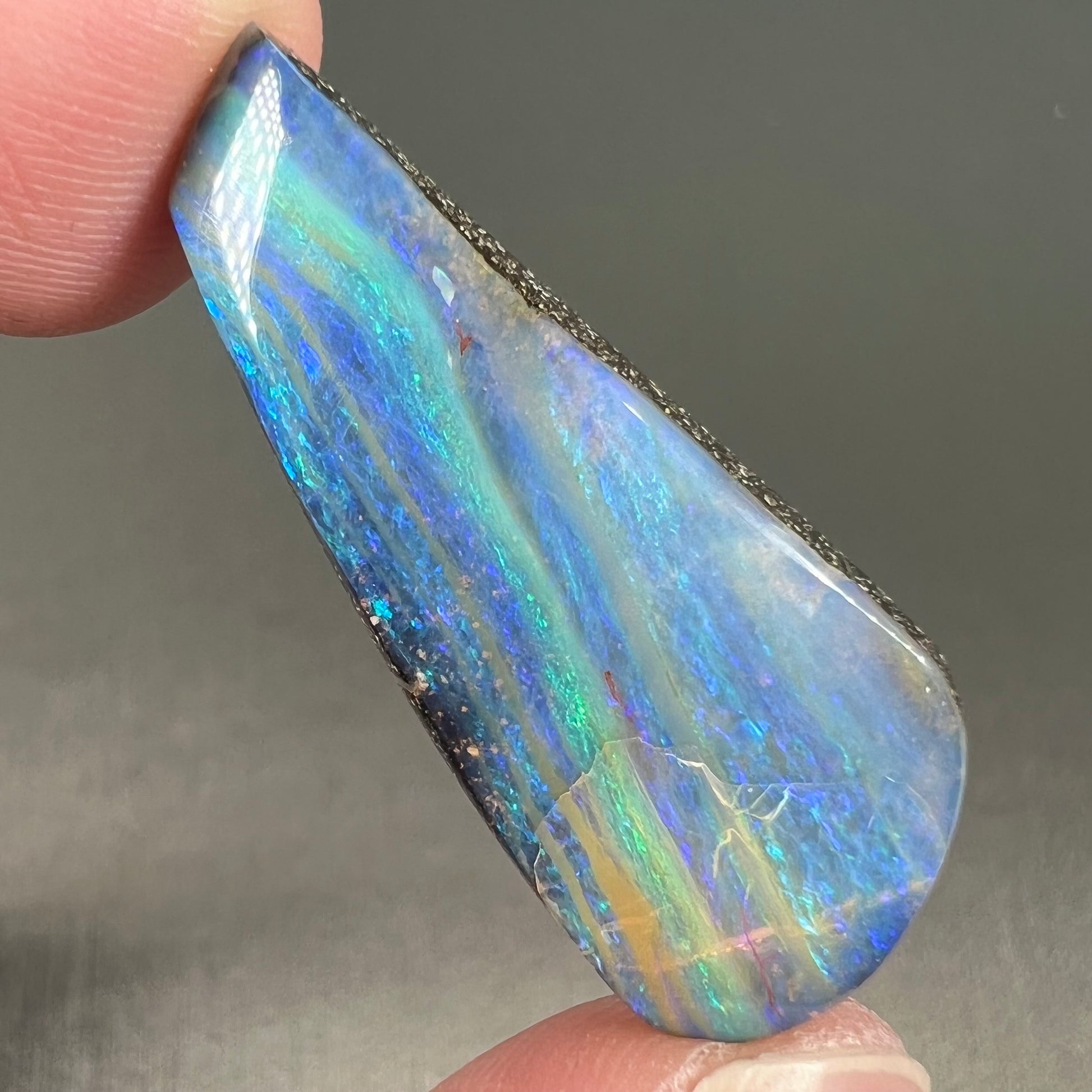 A loose, polished, freeform drop shaped boulder opal stone from Quilpie, Australia.