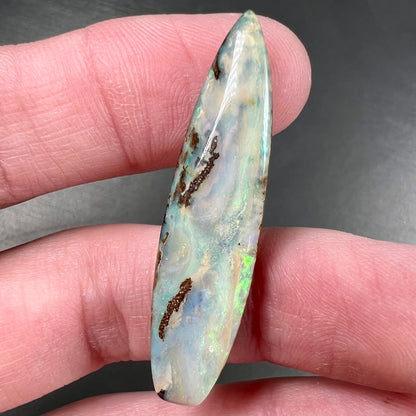 A loose, polished, point shape Quilpie boulder opal stone from Queensland, Australia.