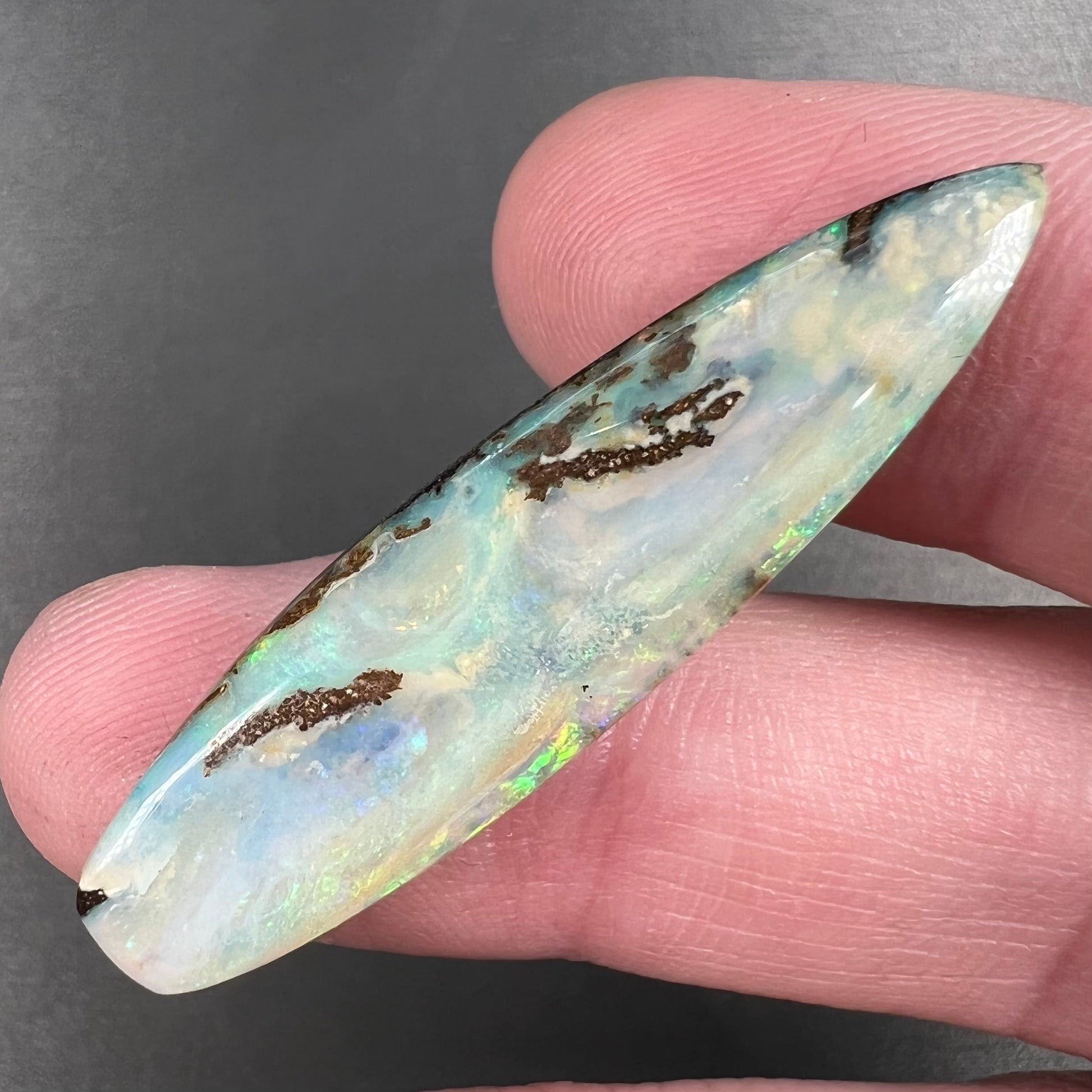 A loose, polished, point shape Quilpie boulder opal stone from Queensland, Australia.