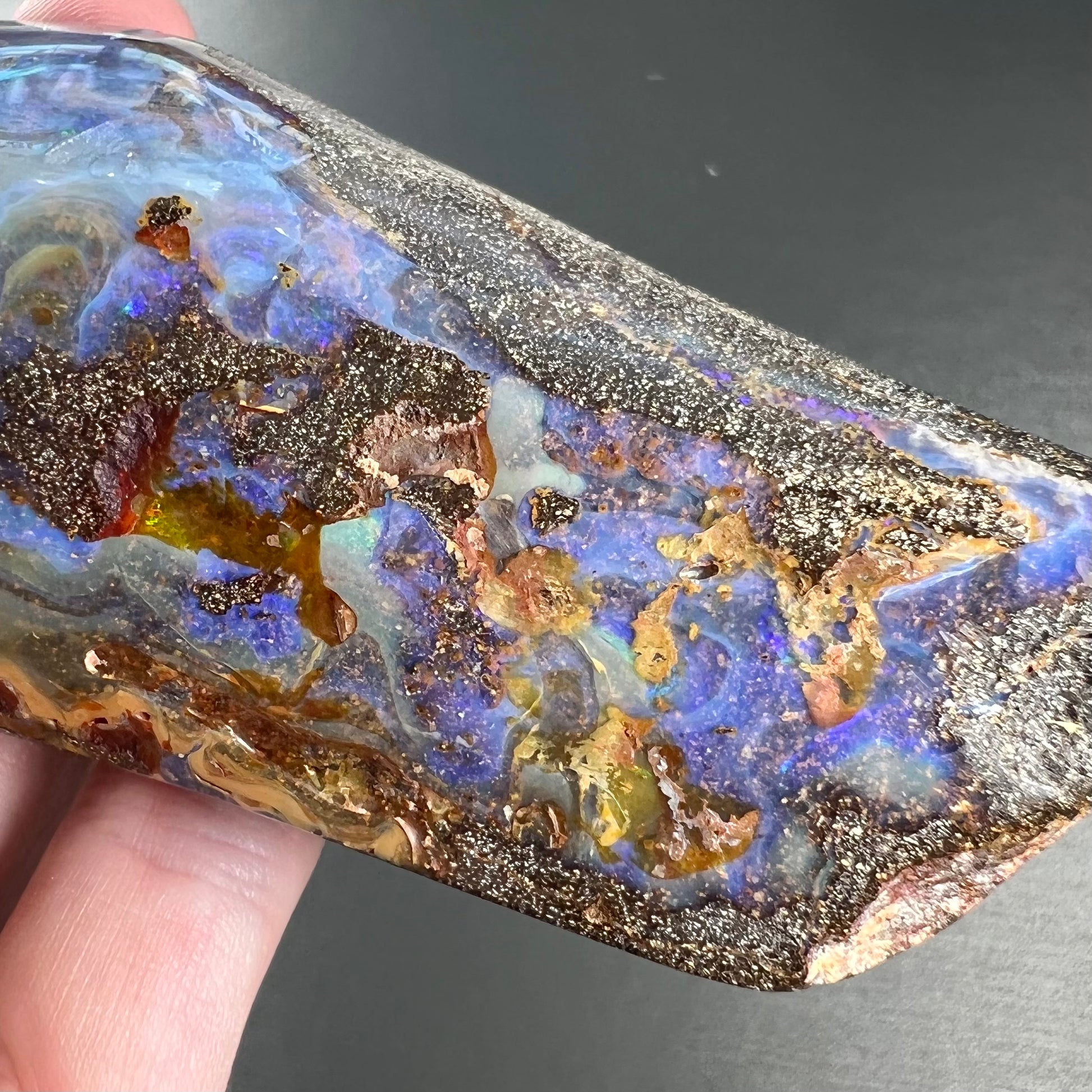 A 7 inch long polished blue Quilpie boulder opal specimen from Queensland, Australia.