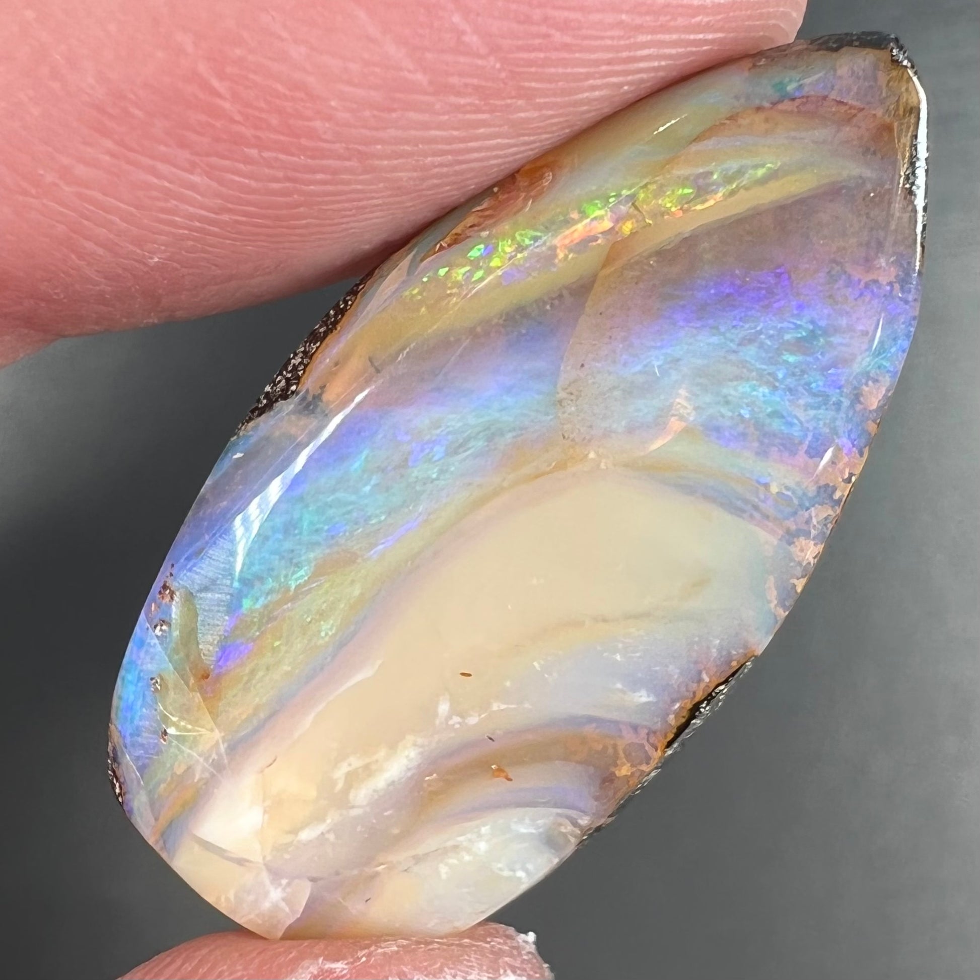 A loose, pear shaped cabochon cut boulder opal stone from Quilpie, Australia.