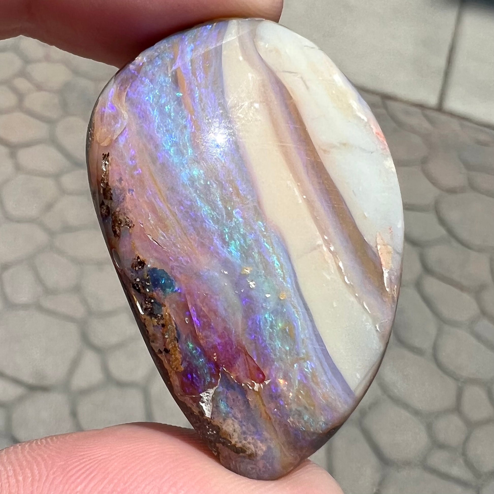 A loose, drop shaped Australian boulder opal from Quilpie Mining District.