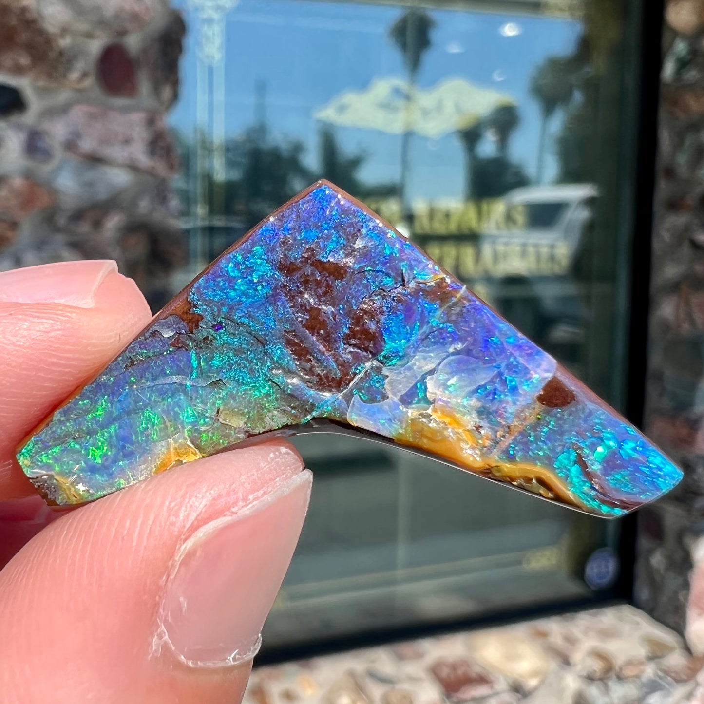 A loose, boomerang shaped boulder opal stone from Quilpie, Australia.  The stone is predominantly blue and green.
