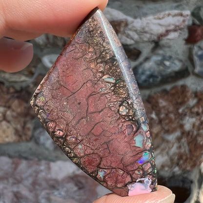 A loose, patterned boulder opal stone from the Koroit Mining District in Queensland, Australia.