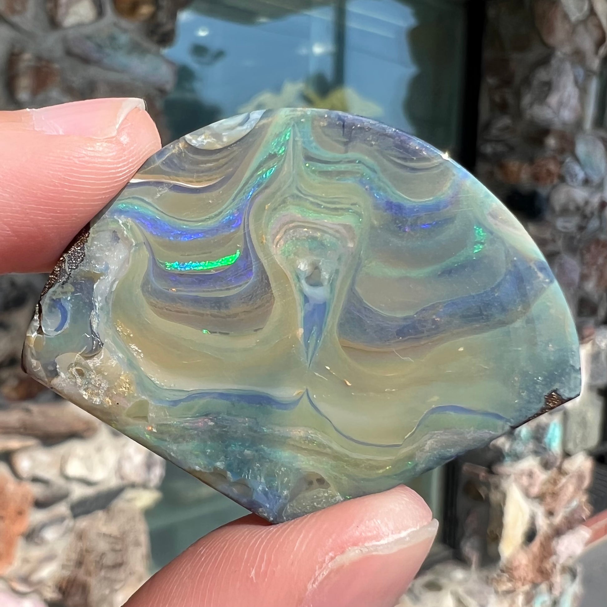 A polished, loose boulder opal stone from Queensland, Australia.  Fire colors are green, blue, purple, and salmon.