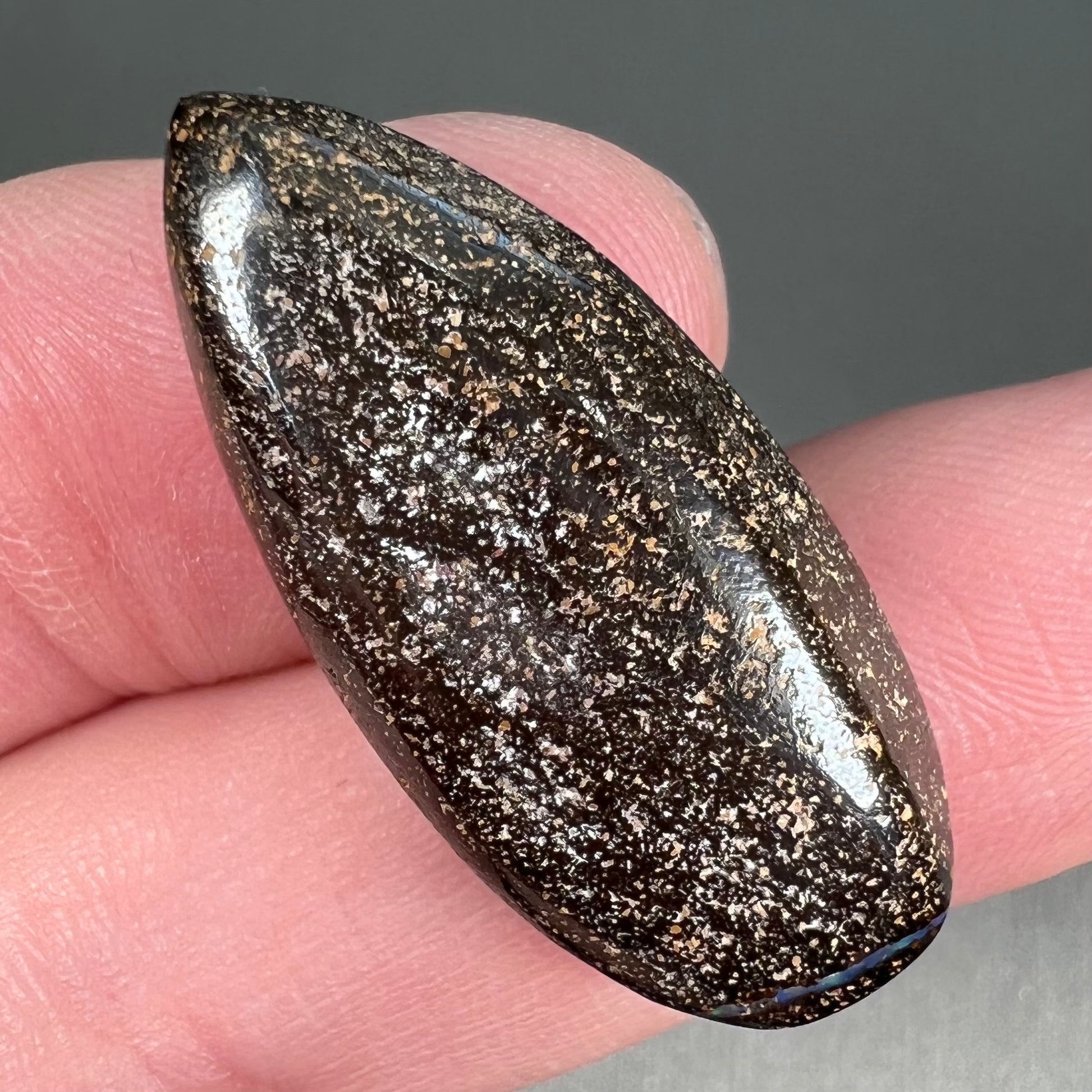 A loose, natural, pear shaped boulder opal stone from Quilpie, Australia.