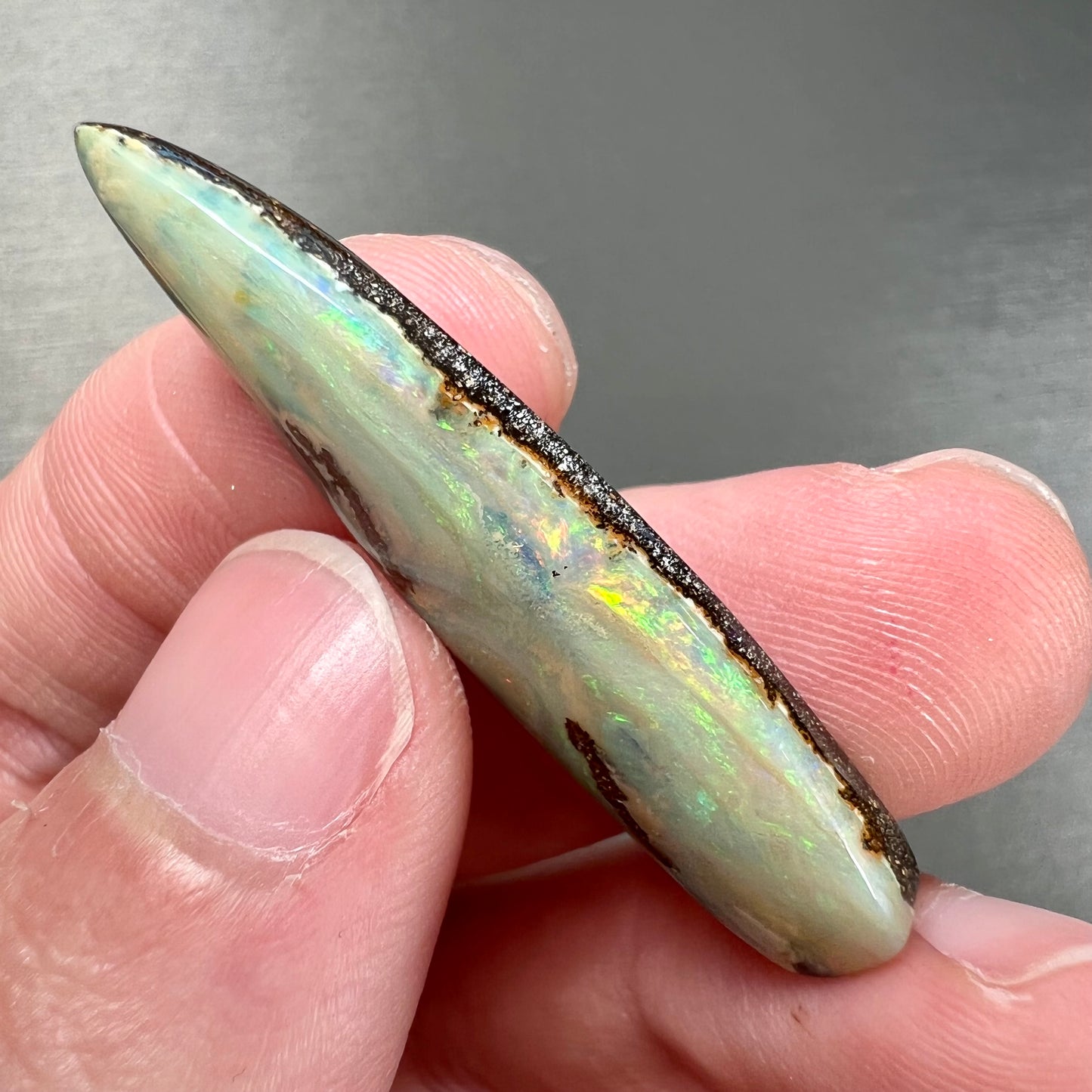 A loose, polished, point shape Quilpie boulder opal stone from Queensland, Australia.
