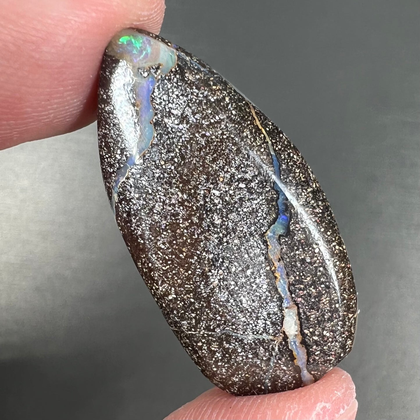 A loose, pear shaped cabochon cut boulder opal stone from Quilpie, Australia.
