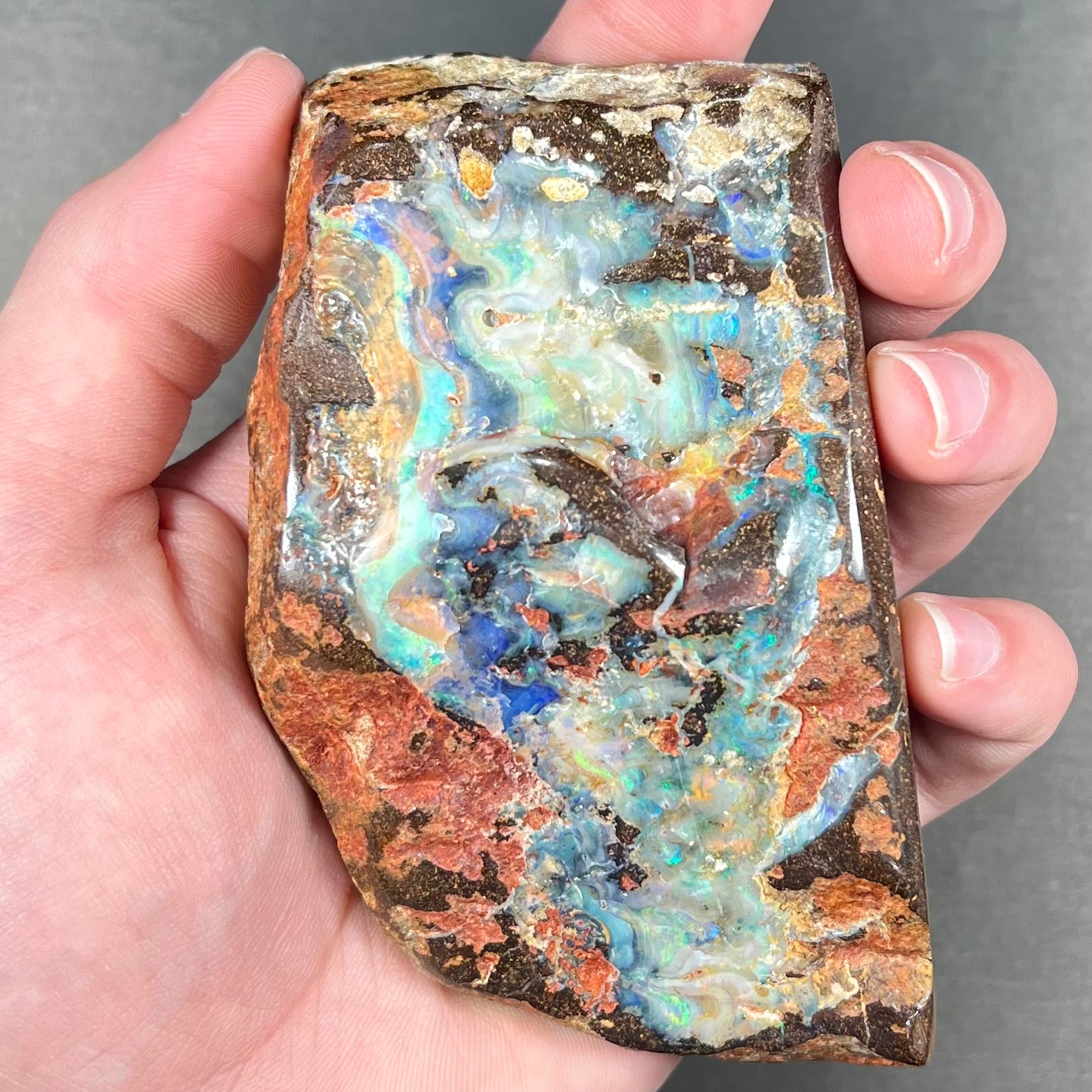 A hand-sized, polished Quilpie boulder opal specimen.  The stone shows blue, green, and orange flashes.