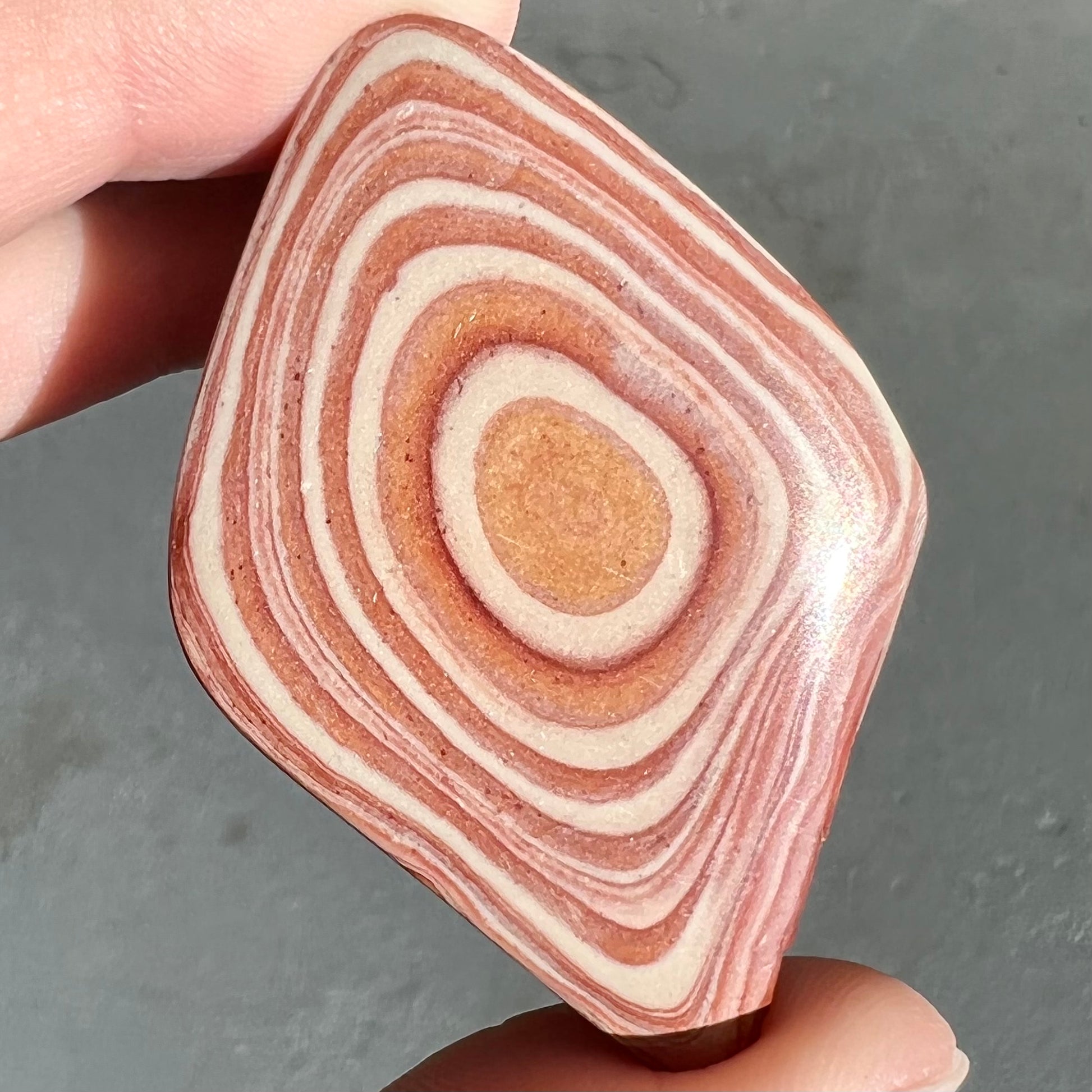 A polished piece of pinkish red picture jasper.  The stone displays a bull's eye pattern.